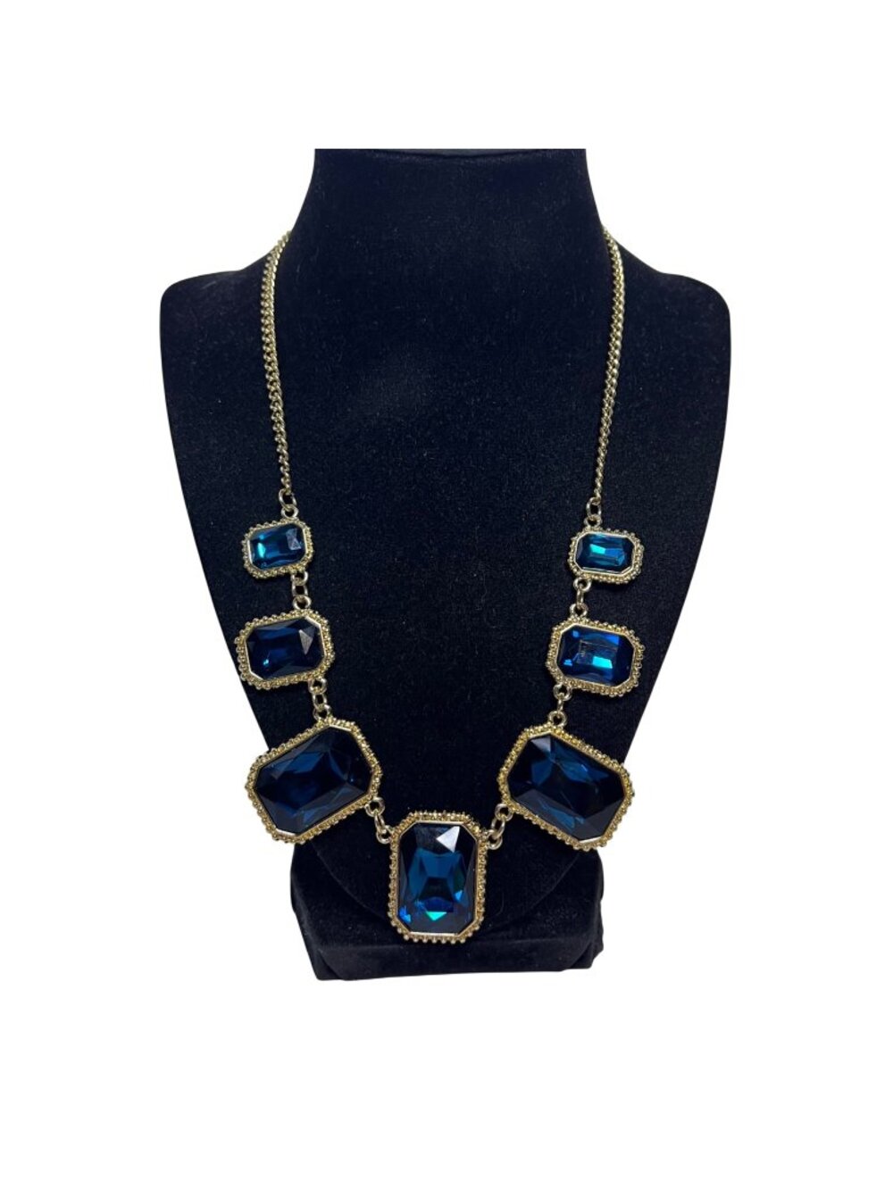 Gold Tone With Faceted Graduating Blue Rectangle Statement Necklace (6363-1-2)